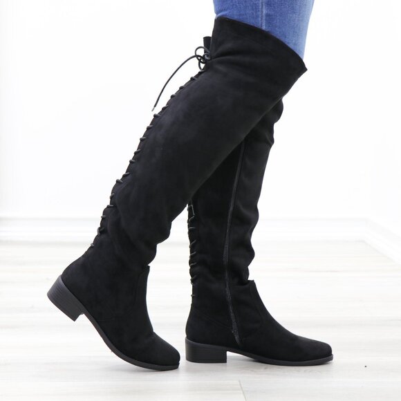 Black Over-the-Knee Boots Size 6 Lace-Up Back Flat Sole Tall Shaft Faux Suede - Picture 13 of 14